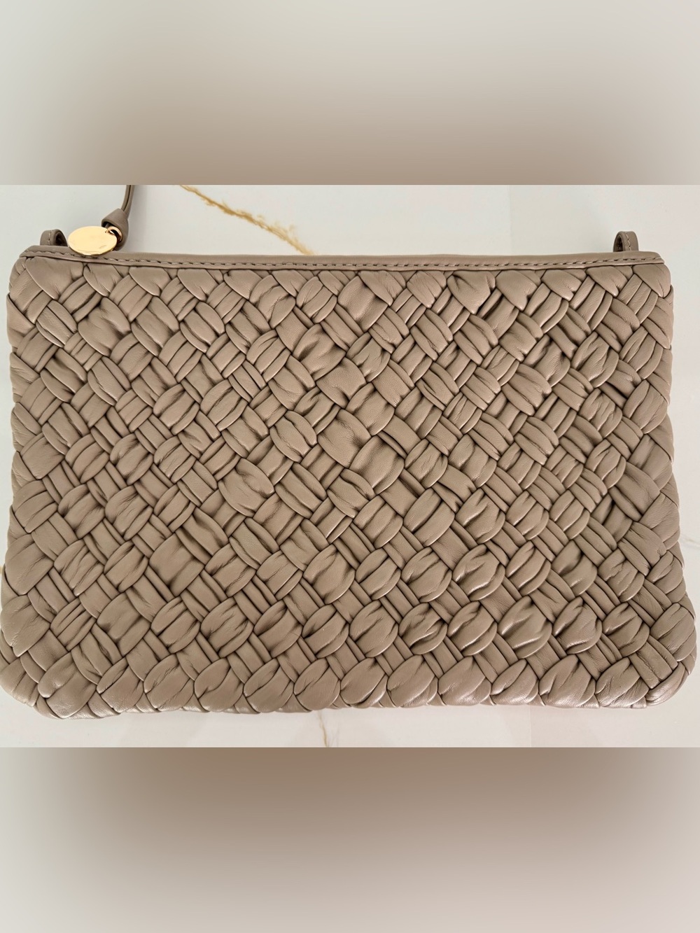 Clare V - puffy woven flat clutch with tabs in dove